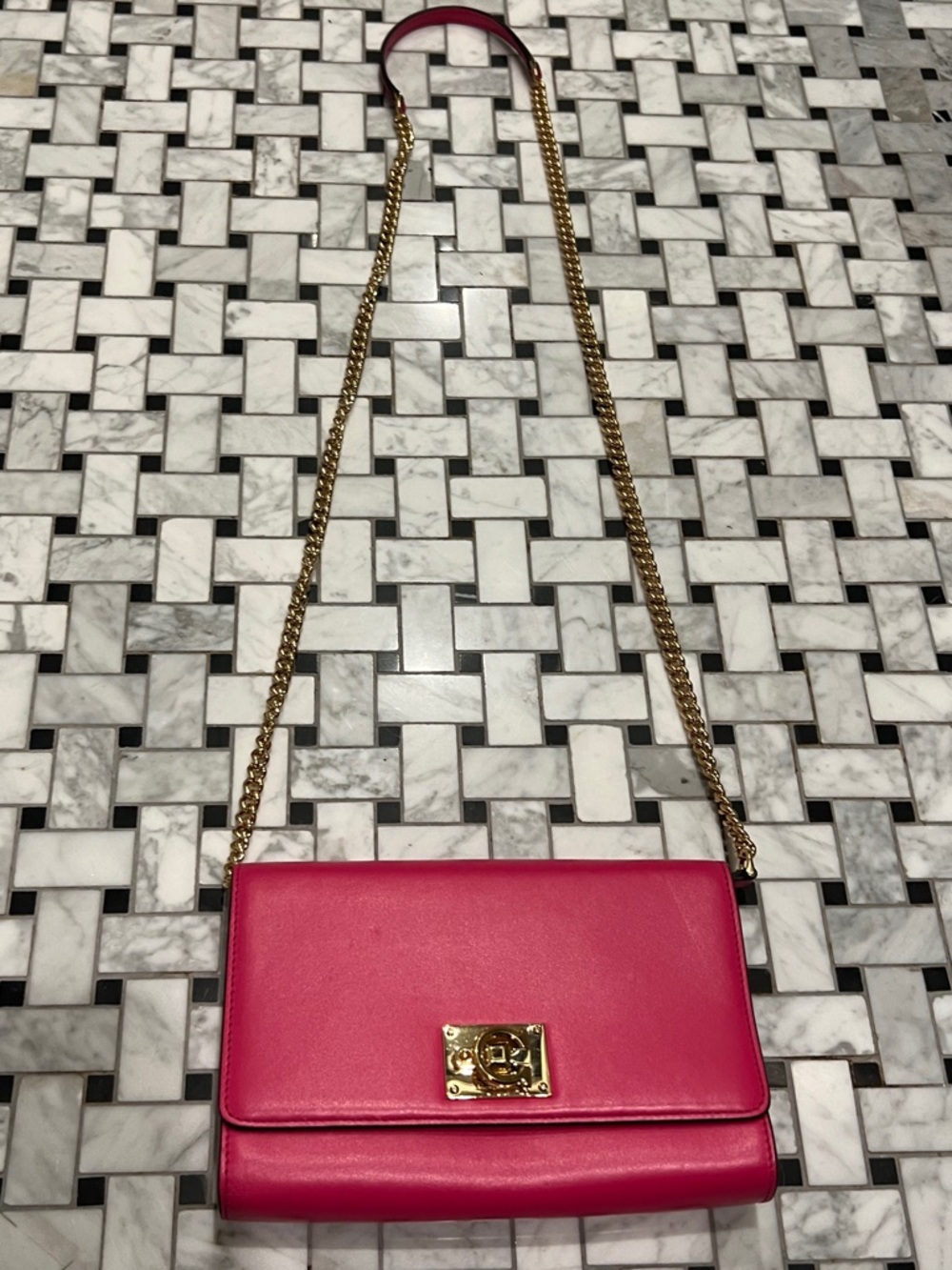 Salvatore Ferragamo Hot Pink Leather Crossbody/Clutch with Adjustable Gold Chain